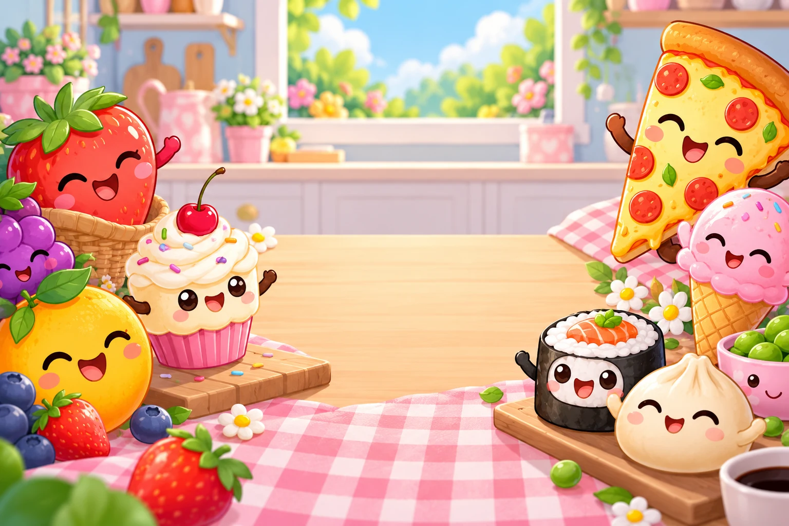Conjunto de alimentos kawaii para colorir - 10 páginas de comidas fofas
