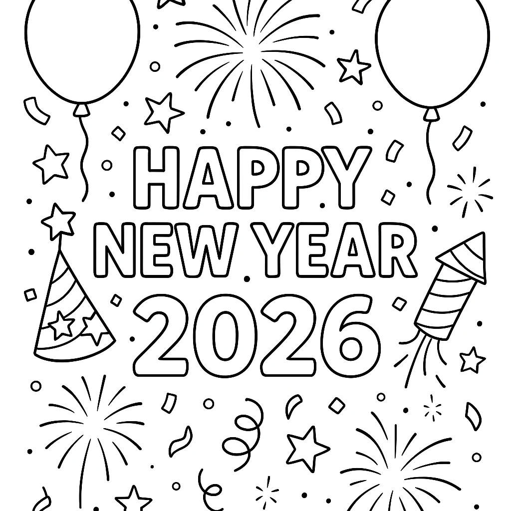 2026 New Year printable coloring page for kids