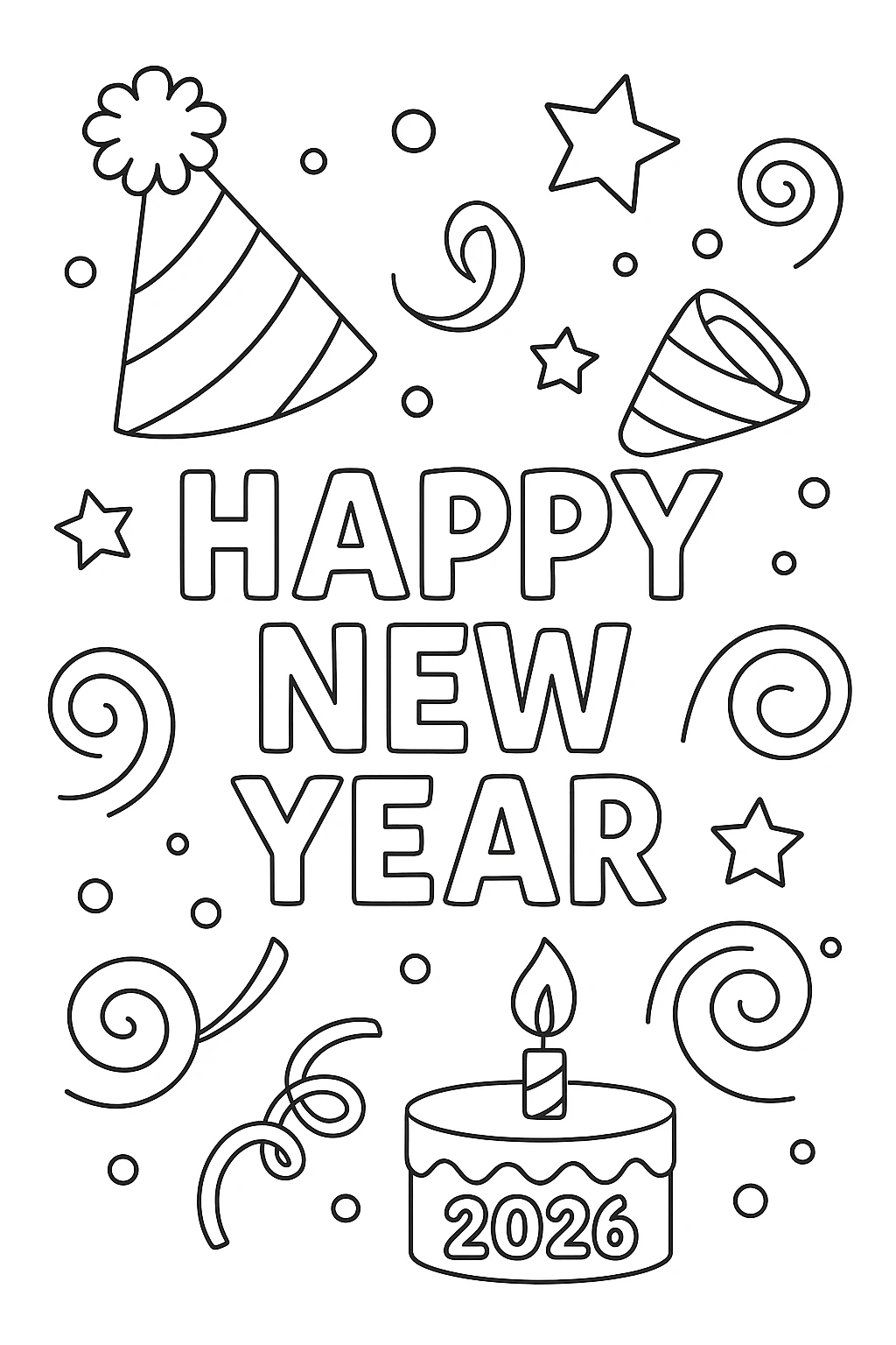 2026 New Year Celebration printable coloring page for kids