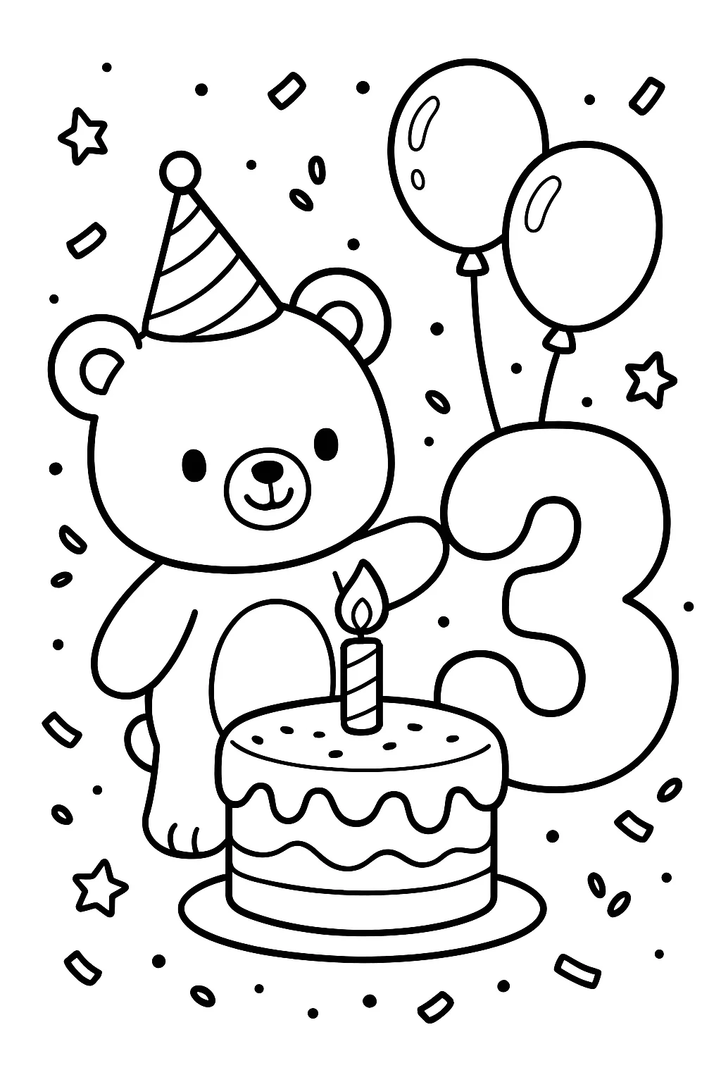 3 Years Birthday Celebration, דף צביעה להדפסה לילדים