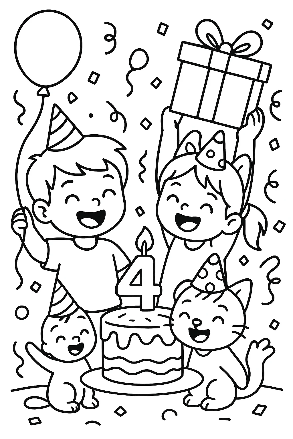 4 Years Birthday Celebration, דף צביעה להדפסה לילדים