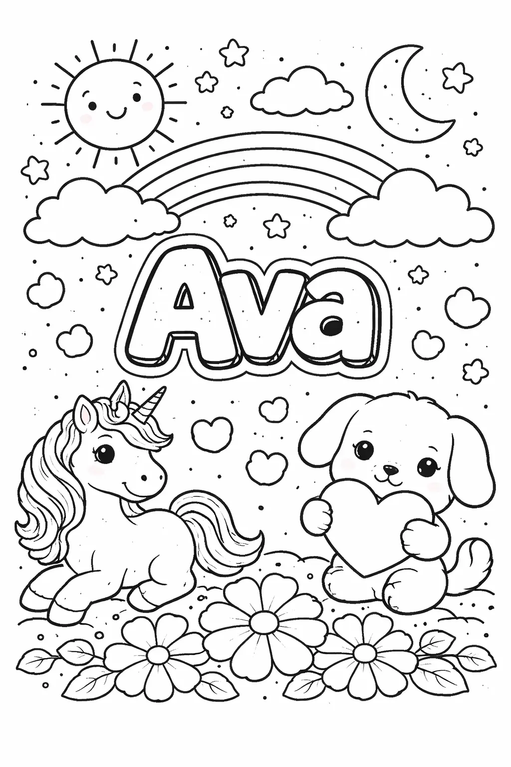 Página para Colorear con el Nombre Ava, página para colorear imprimible para niños