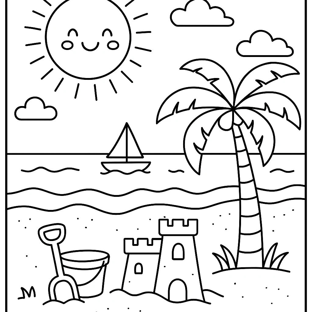 Hermoso Día en la Playa, página para colorear imprimible para niños