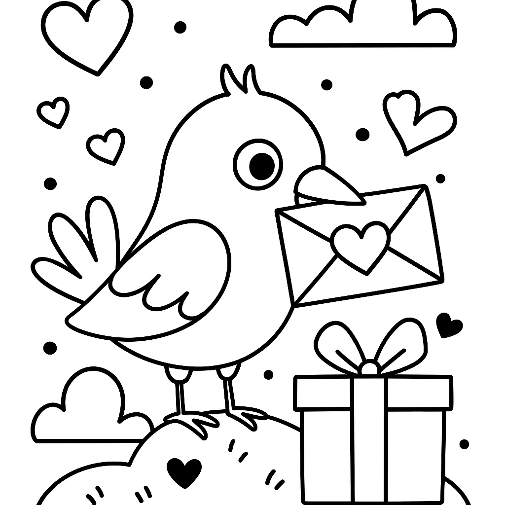 Bird Delivering Love Letter - Valentine's Day, דף צביעה להדפסה לילדים