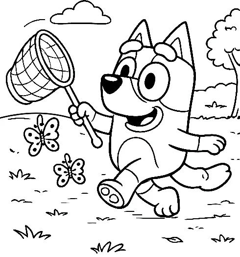 Bluey Atrapando Mariposas, página para colorear imprimible para niños