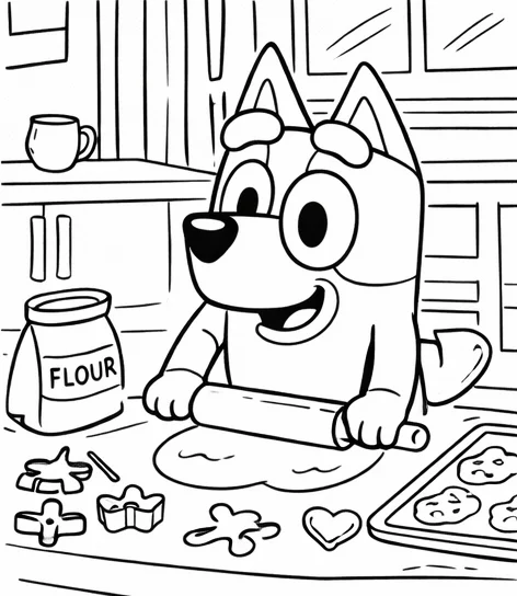 Bluey Cocinando, página para colorear imprimible para niños