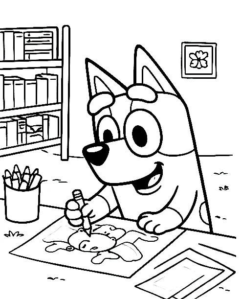 Bluey Dibujando, página para colorear imprimible para niños