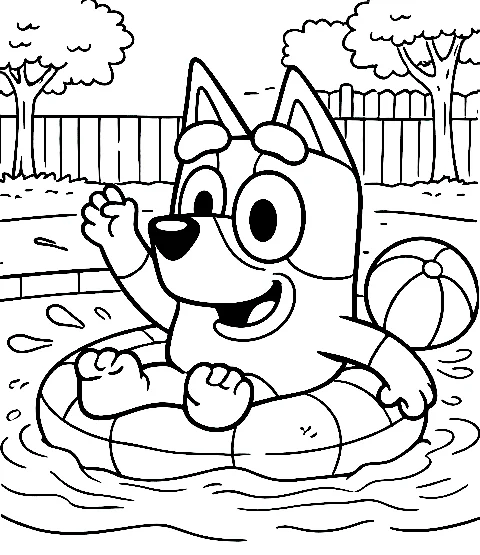 Bluey en la Piscina, página para colorear imprimible para niños