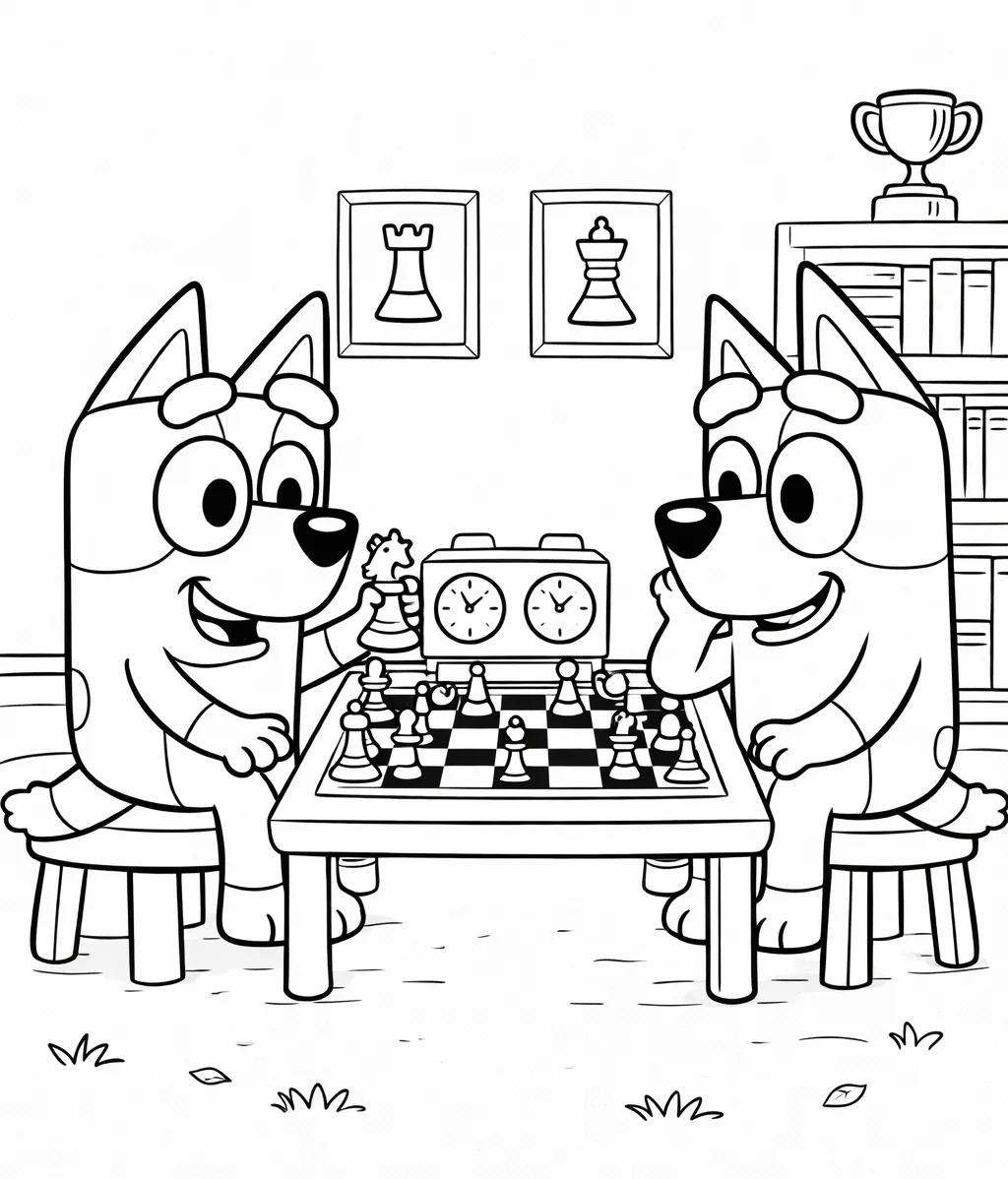 Bluey Jugando Ajedrez, página para colorear imprimible para niños