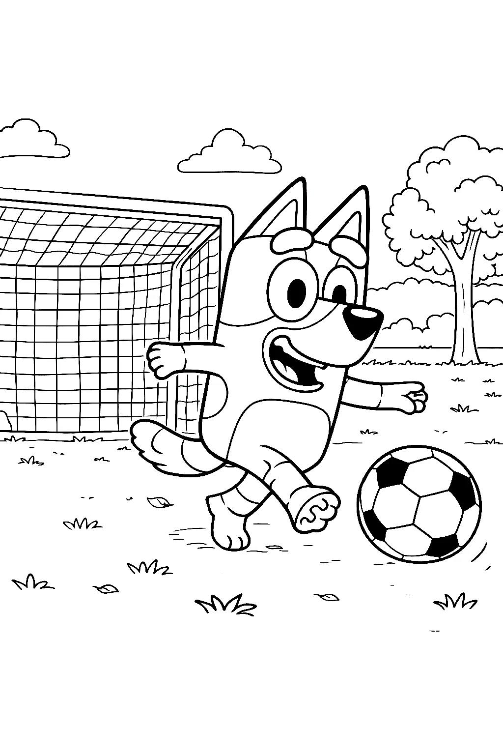 Bluey Jugando Fútbol, página para colorear imprimible para niños