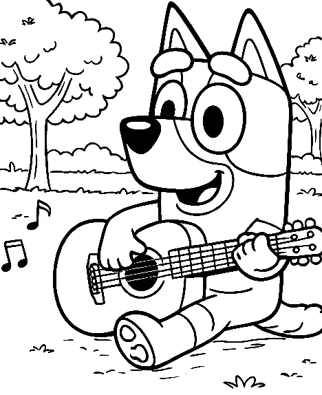 Bluey Tocando la Guitarra, página para colorear imprimible para niños