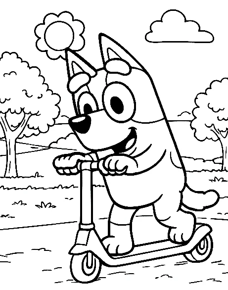 Bluey Montando un Patinete, página para colorear imprimible para niños