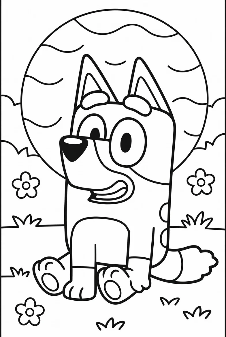 Bluey Sentada, página para colorear imprimible para niños