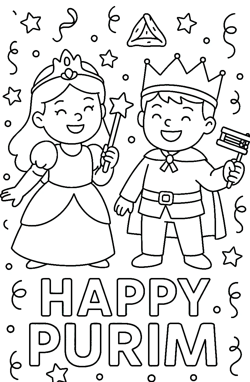 Boy and Girl Celebrating Purim, דף צביעה להדפסה לילדים