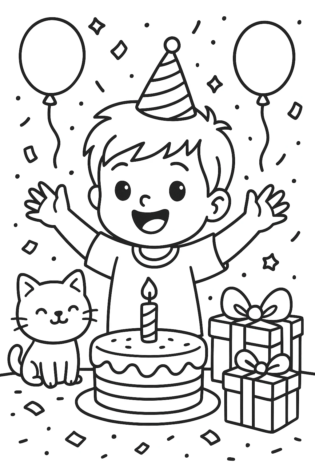 Boy Celebrating Birthday, דף צביעה להדפסה לילדים