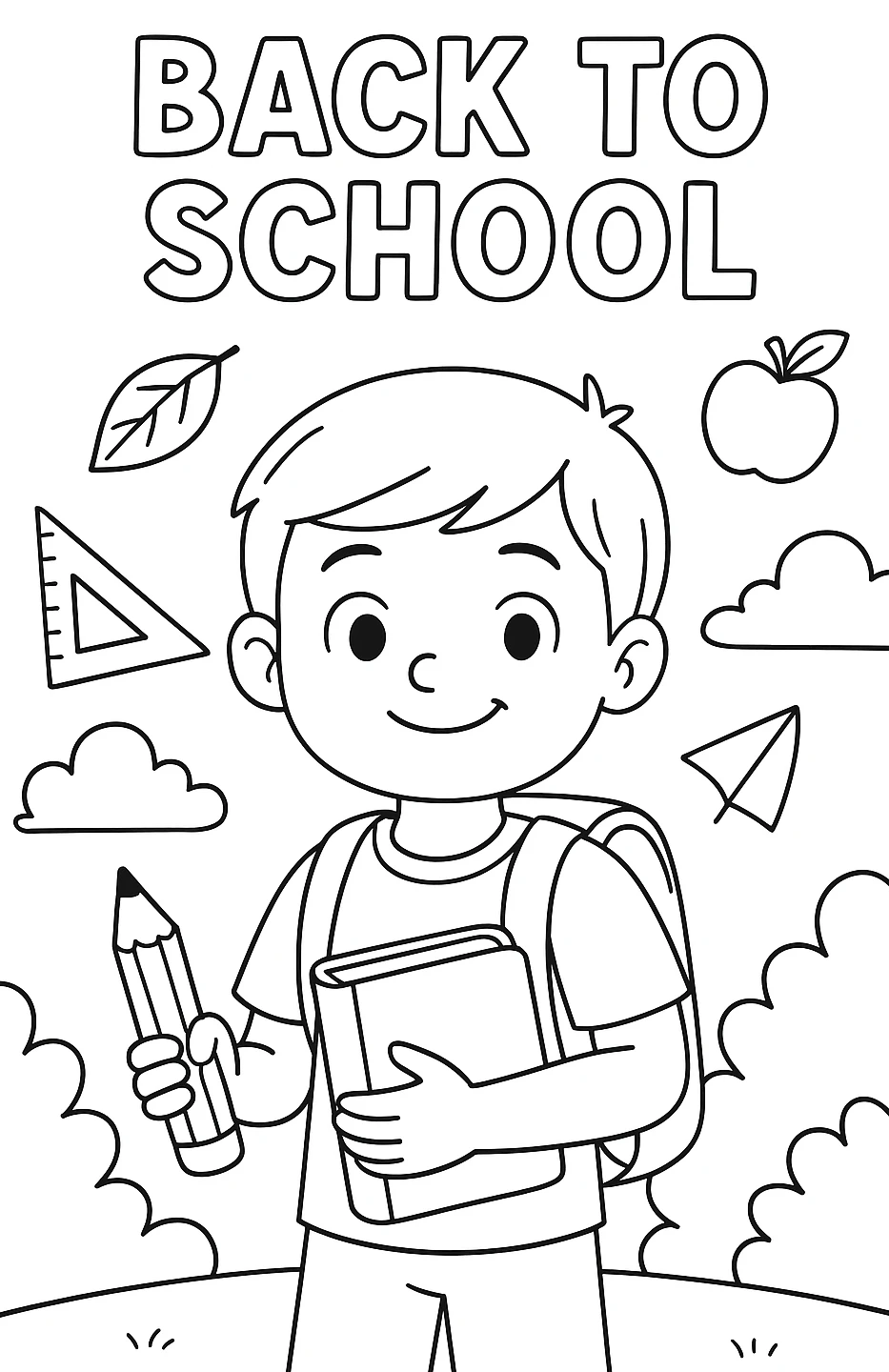 Niño Sosteniendo Lápiz Vuelta al Colegio, página para colorear imprimible para niños