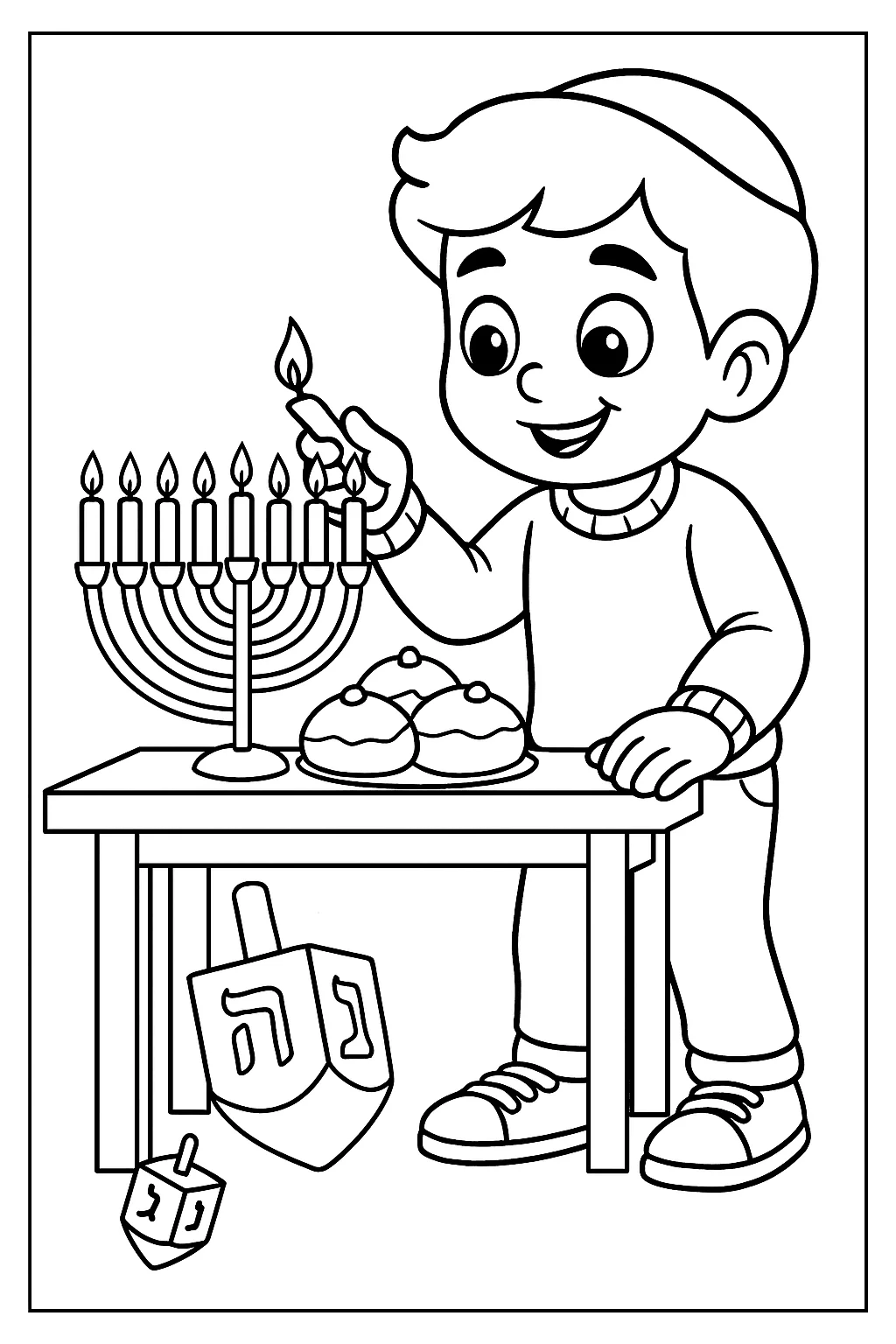Boy Lighting Hanukkah Candles, דף צביעה להדפסה לילדים