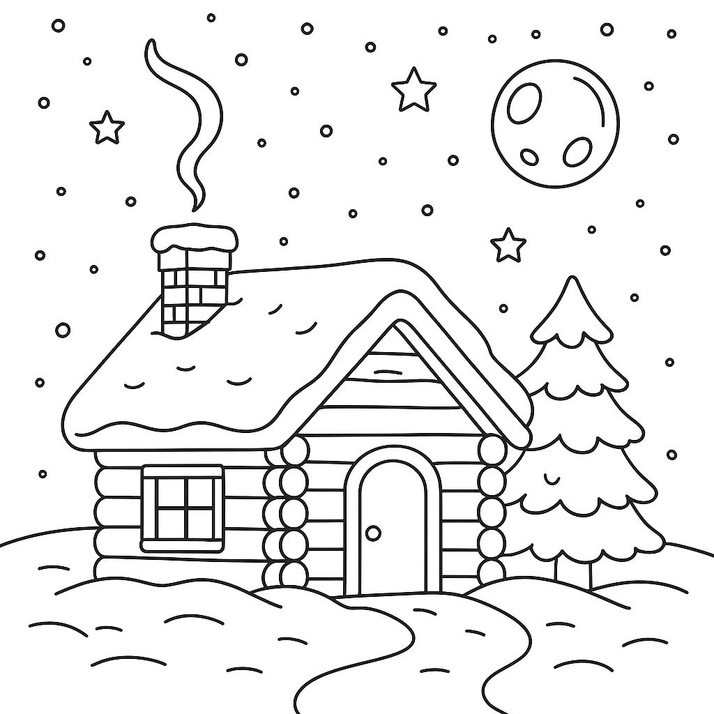 Cabaña en la Nieve, página para colorear imprimible para niños