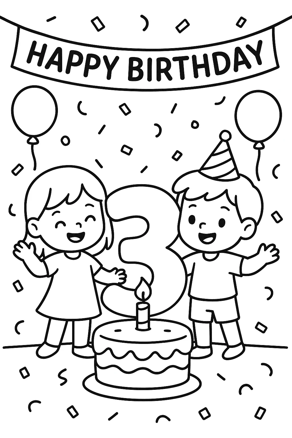 Celebrating 3 Years Birthday, דף צביעה להדפסה לילדים