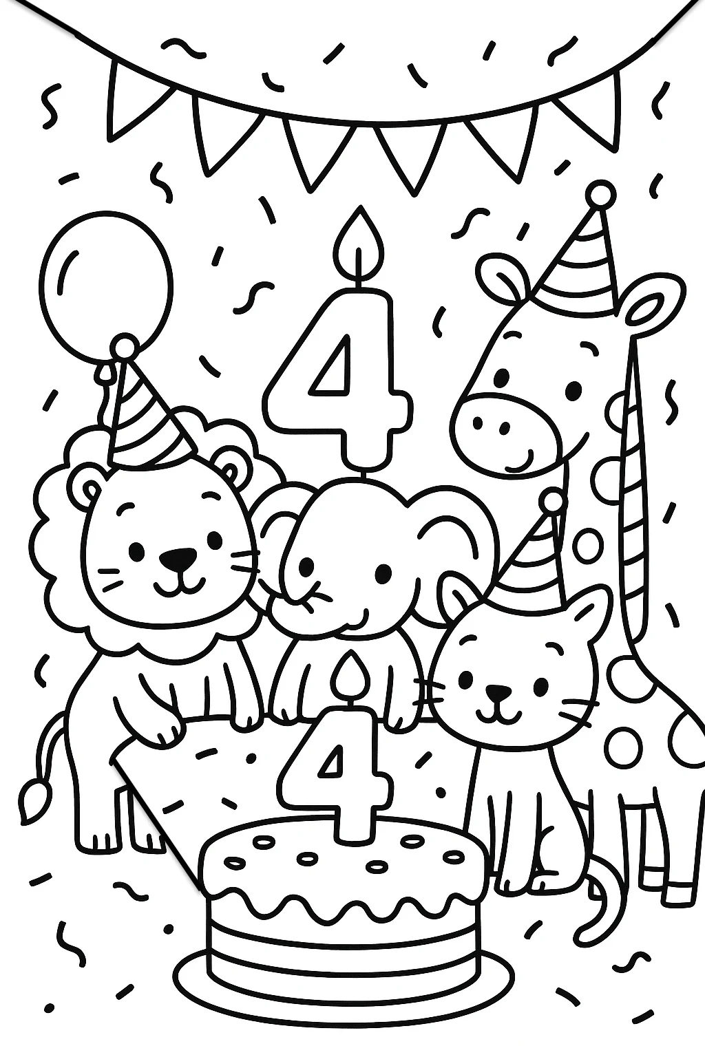 Celebrating 4 Years Birthday, דף צביעה להדפסה לילדים