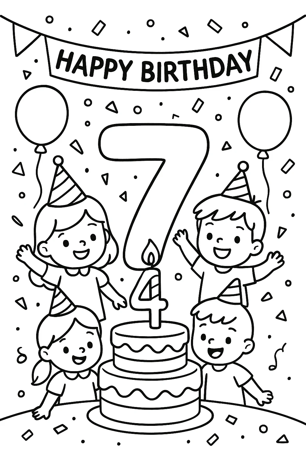 Celebrating 7 Years Birthday, דף צביעה להדפסה לילדים