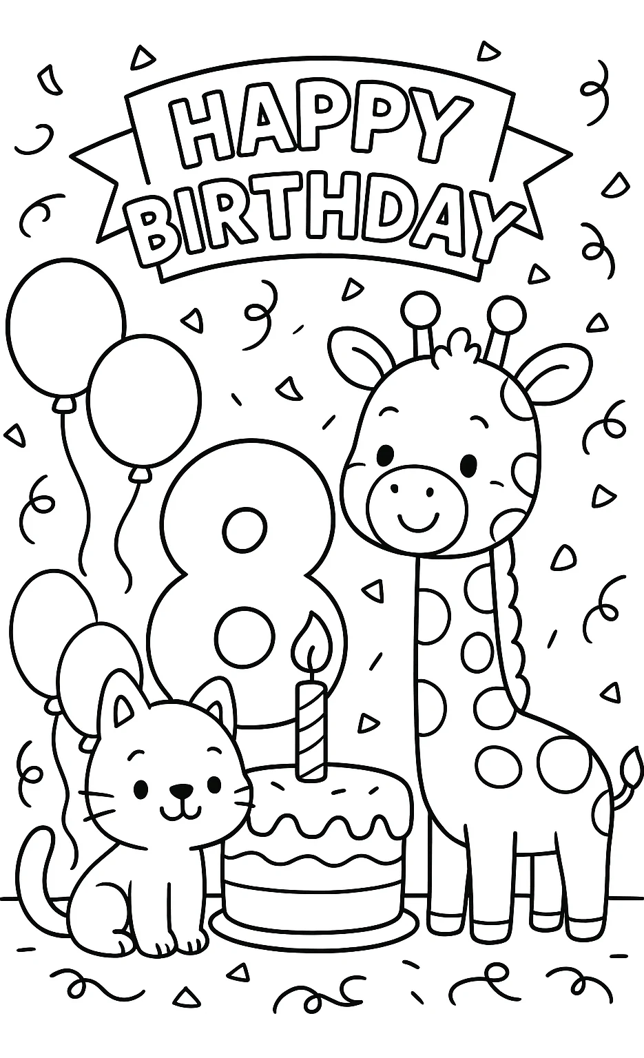 Celebrating 8 Years Birthday, דף צביעה להדפסה לילדים