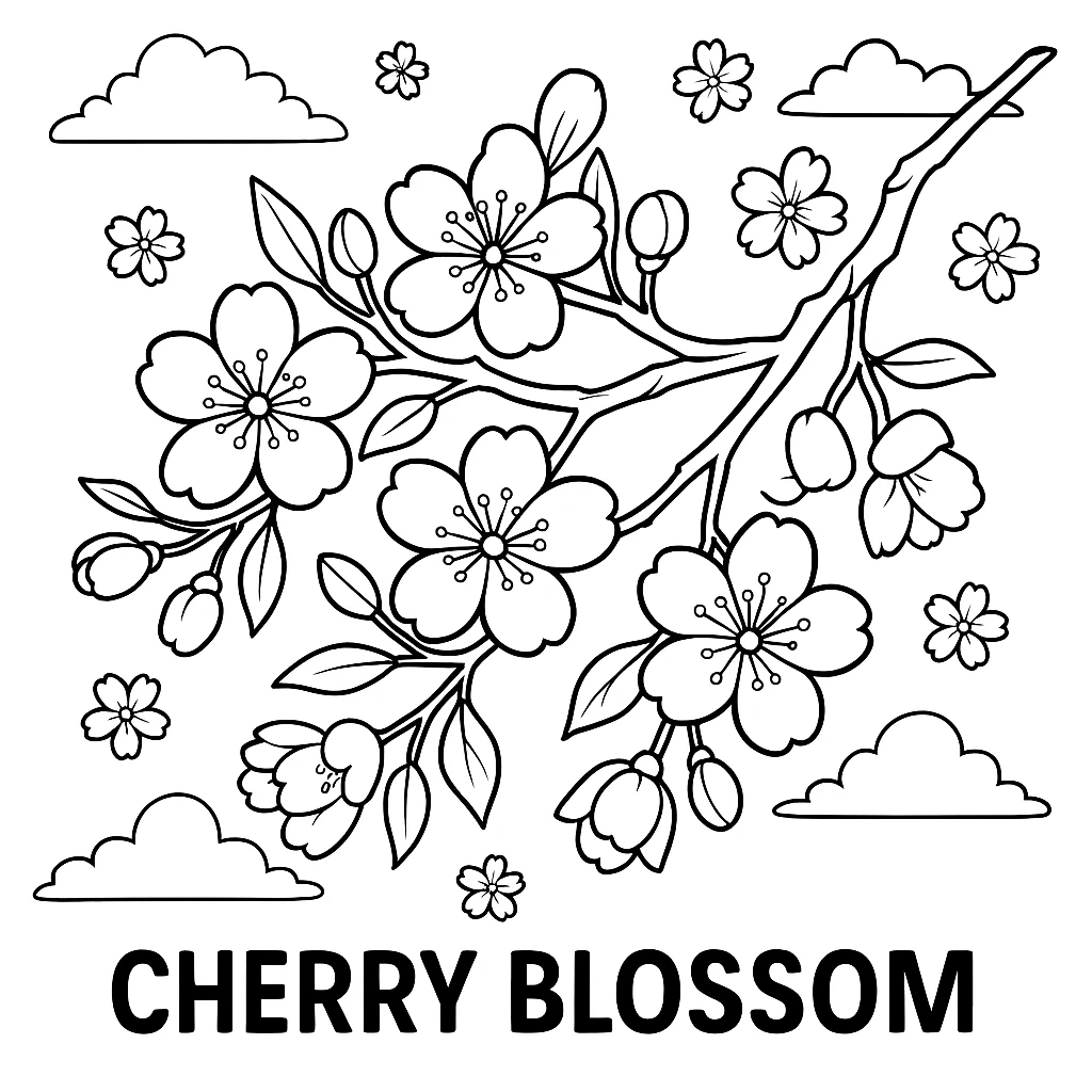 Cherry Blossom, דף צביעה להדפסה לילדים