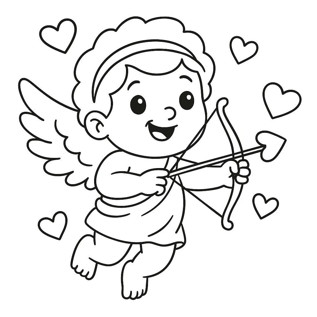 Cupid with Bow and Arrow - Valentine's Day, דף צביעה להדפסה לילדים
