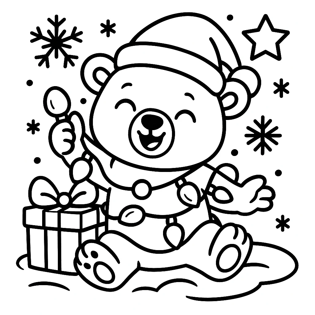 Cute Bear with Christmas Lights and Present, דף צביעה להדפסה לילדים