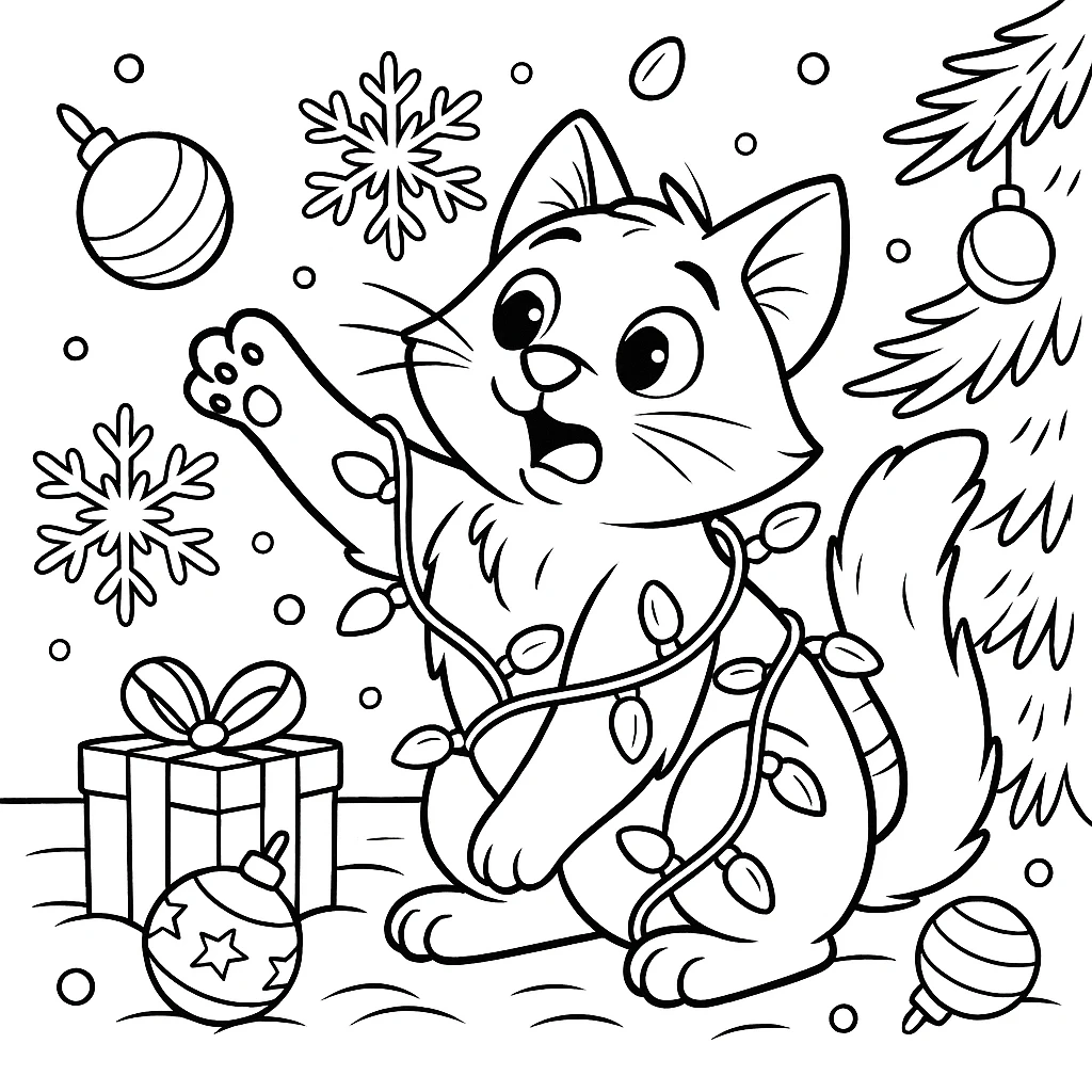 Cute Cat Tangled in Christmas Lights, דף צביעה להדפסה לילדים