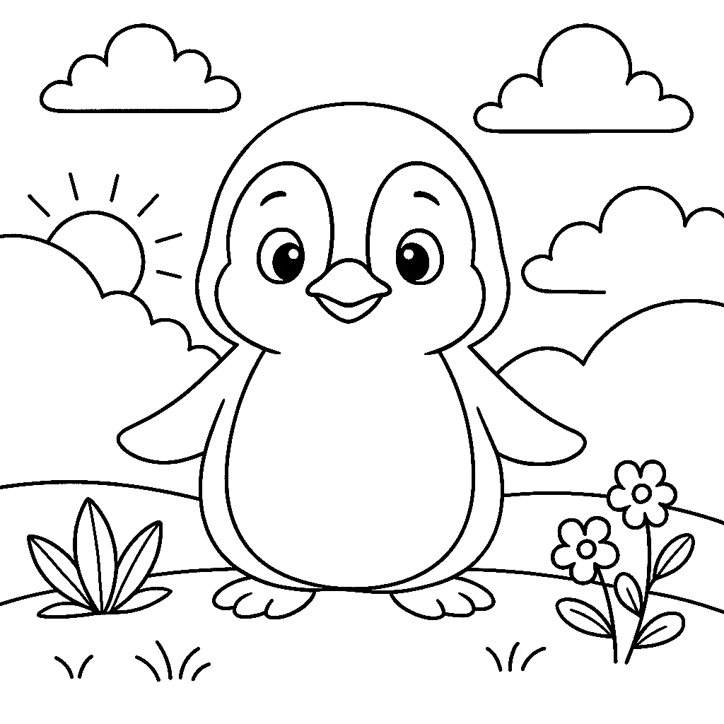 Cute Penguin Coloring Page, דף צביעה להדפסה לילדים
