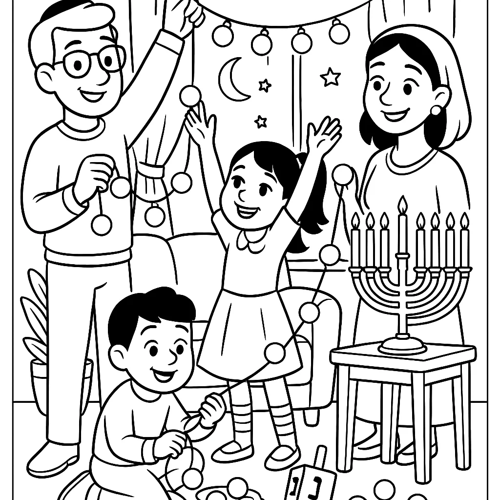 Decorating Hanukkah Lights, דף צביעה להדפסה לילדים