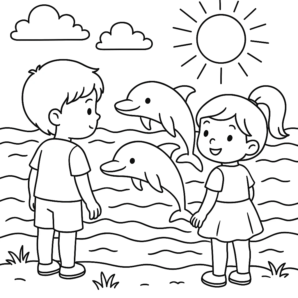 Delfín en el Mar, página para colorear imprimible para niños