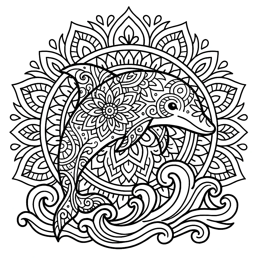 Dolphin Mandala, דף צביעה להדפסה לילדים