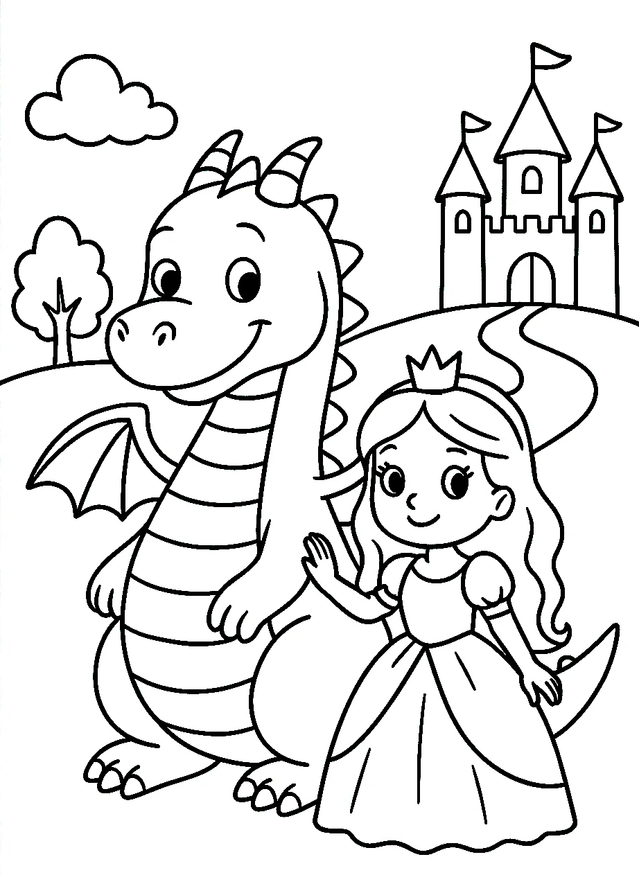 Dragon and Princess, דף צביעה להדפסה לילדים