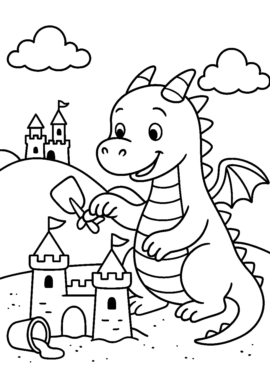 Dragon Building a Castle, דף צביעה להדפסה לילדים