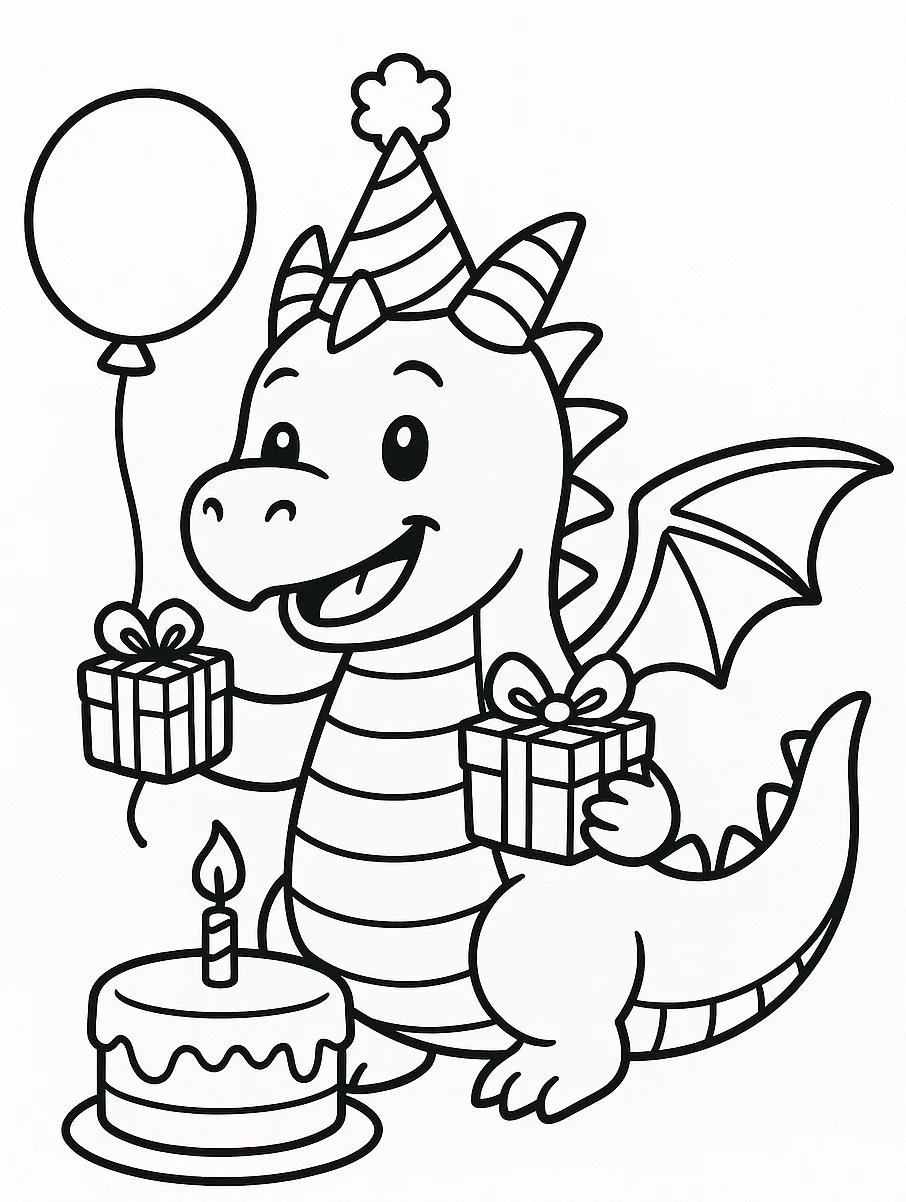 Dragon Celebrating Birthday, דף צביעה להדפסה לילדים