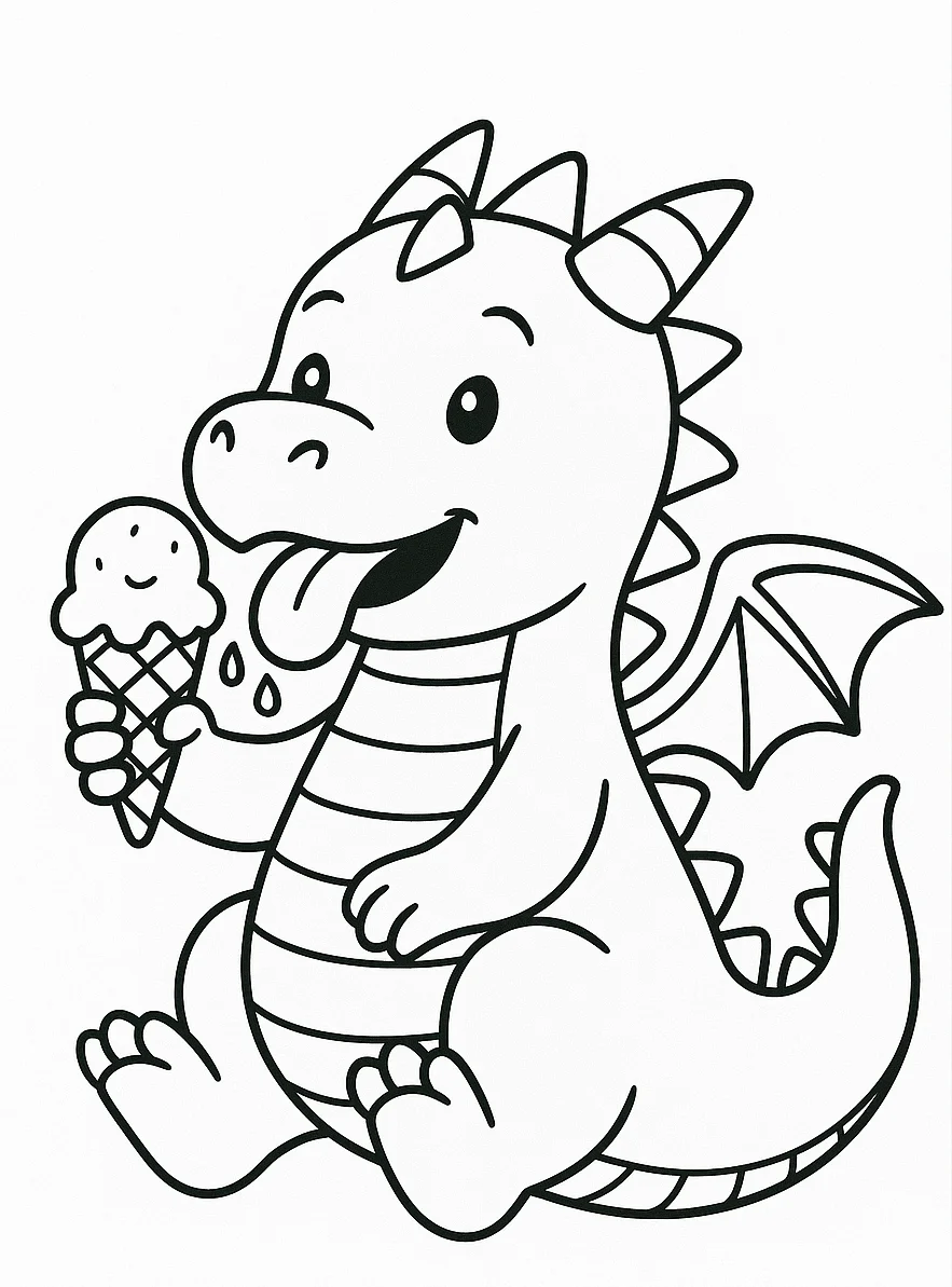 Dragon Eating Ice Cream, דף צביעה להדפסה לילדים