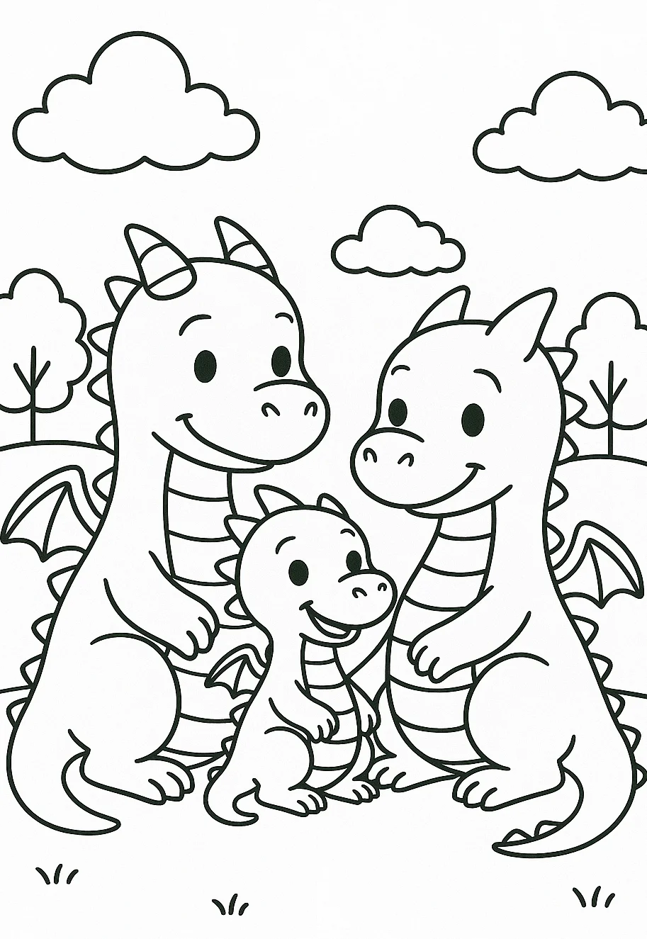 Dragons Family, דף צביעה להדפסה לילדים