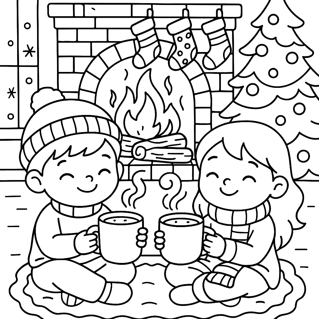Tomando Chocolate Caliente en un Día Frío, página para colorear imprimible para niños