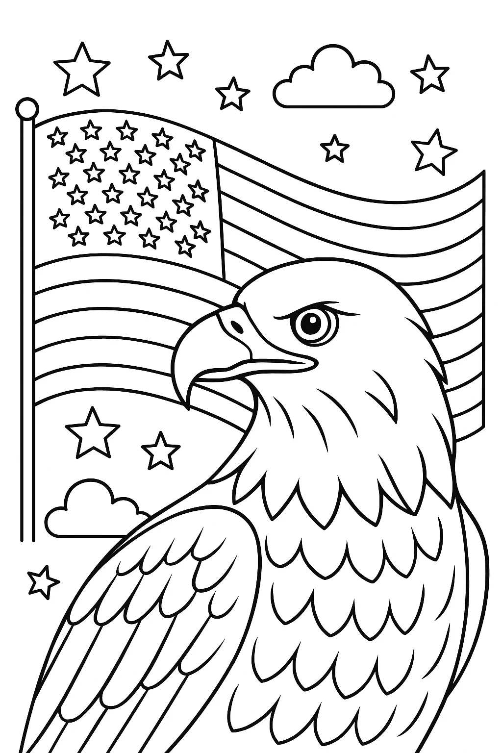 Bald Eagle with American Flag, דף צביעה להדפסה לילדים