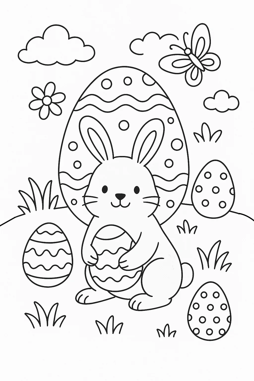 Easter Bunny Collecting Eggs, דף צביעה להדפסה לילדים