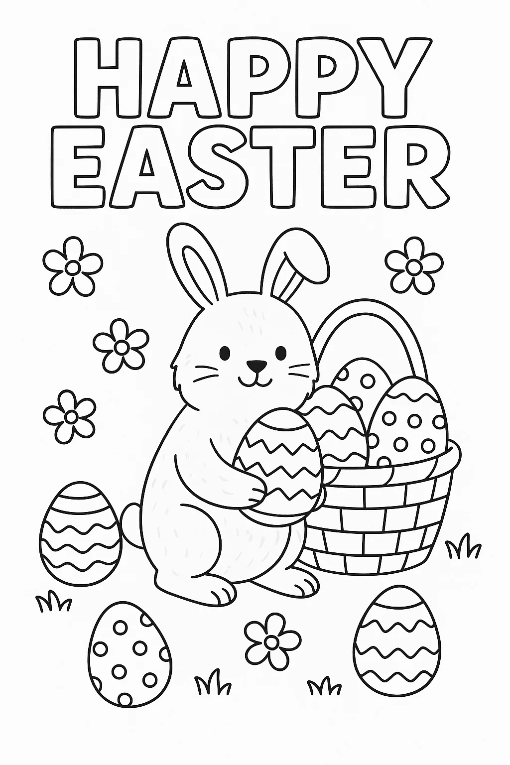 Easter Bunny with Basket of Eggs, דף צביעה להדפסה לילדים