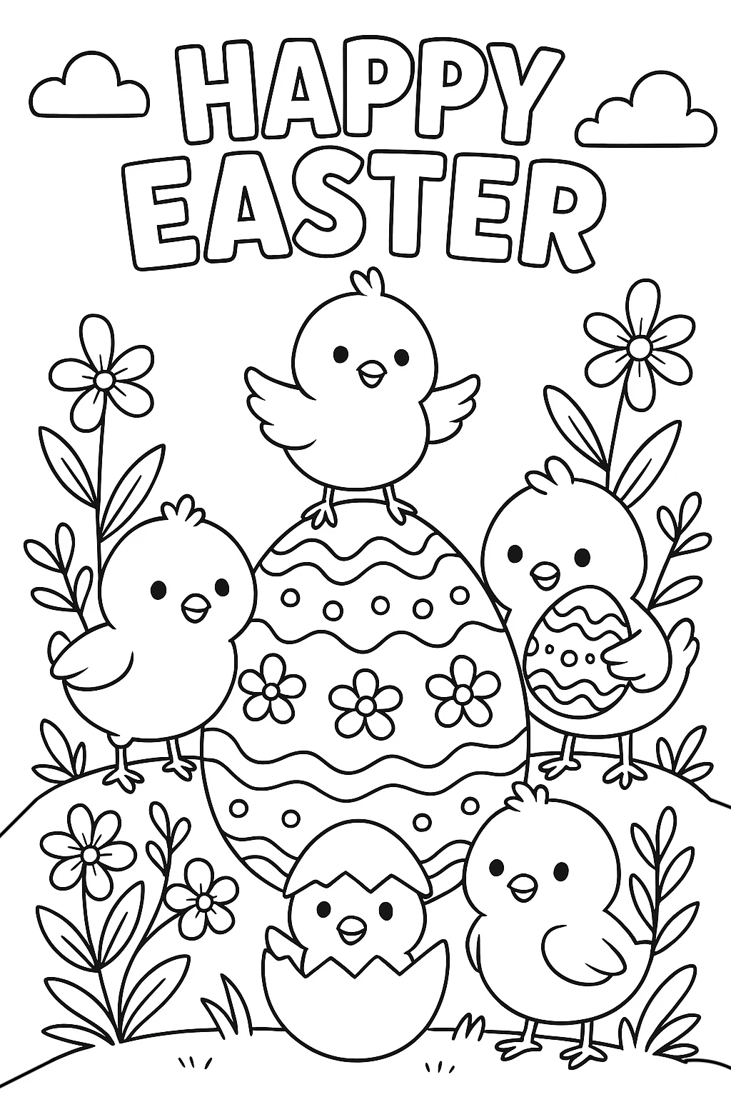 Huevos de Pascua con Pájaros de Primavera, página para colorear imprimible para niños