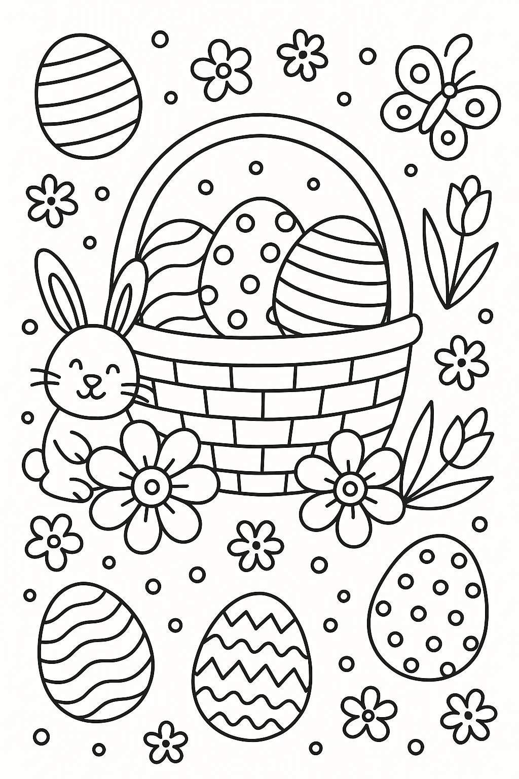 Huevos de Pascua con Conejito de Pascua, página para colorear imprimible para niños