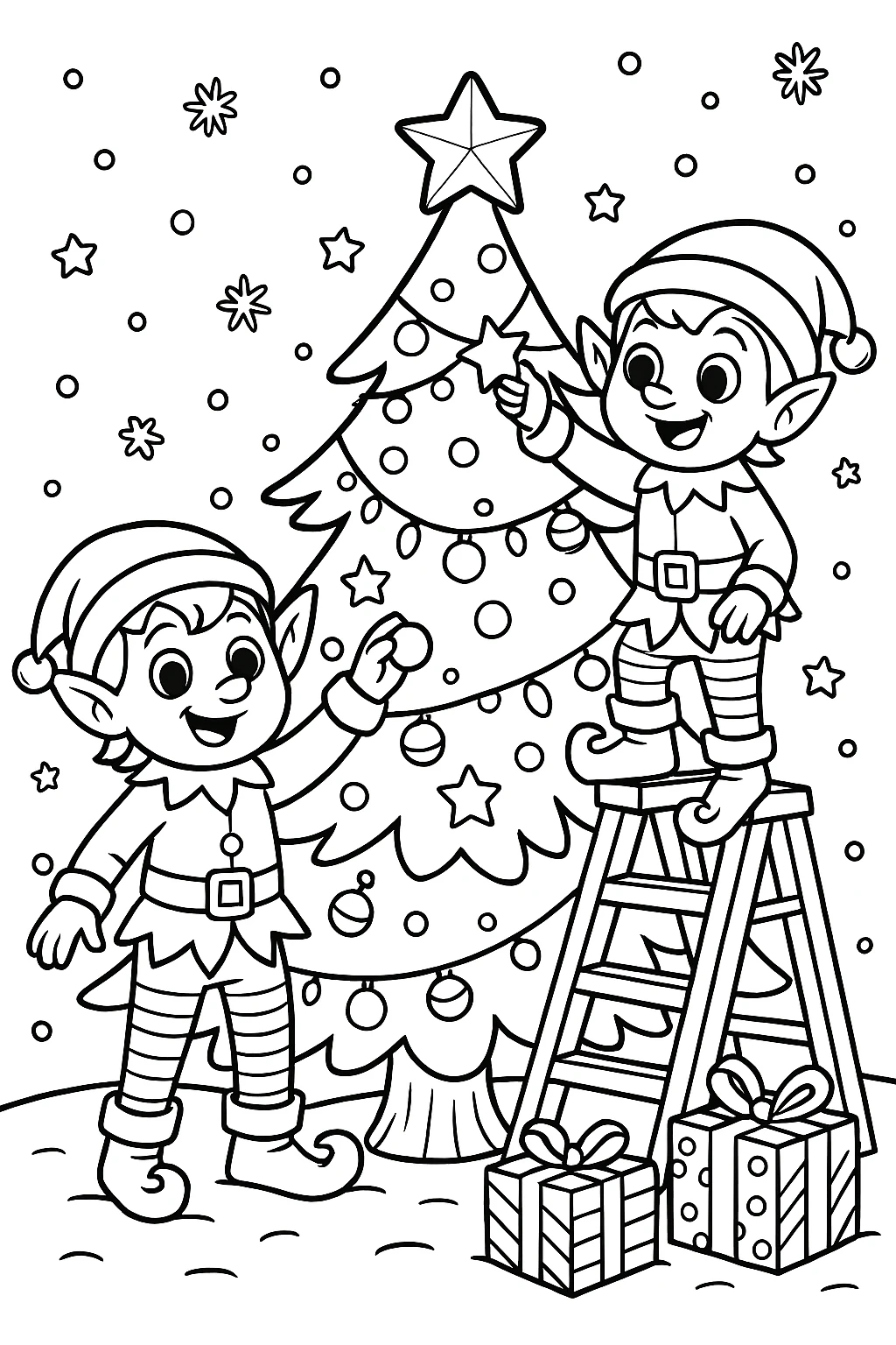 Elves Decorating a Christmas Tree, דף צביעה להדפסה לילדים