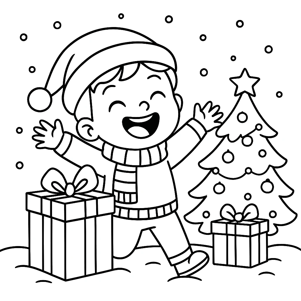 Excited Child Opening Christmas Gifts, דף צביעה להדפסה לילדים