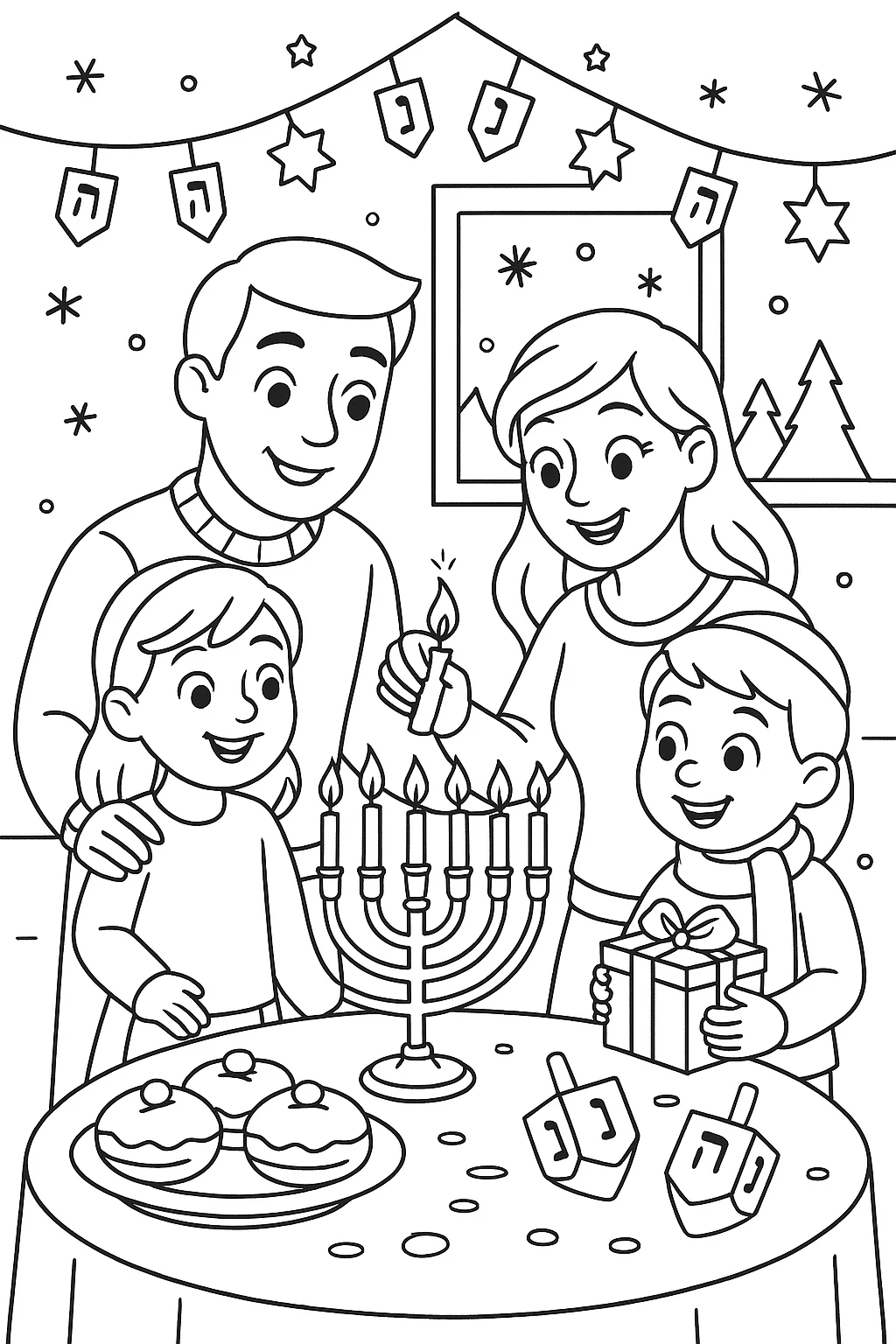 Family Celebrating Hanukkah Together, דף צביעה להדפסה לילדים