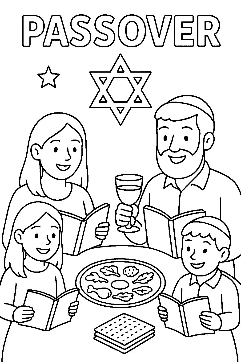 Family Celebrating Passover, דף צביעה להדפסה לילדים