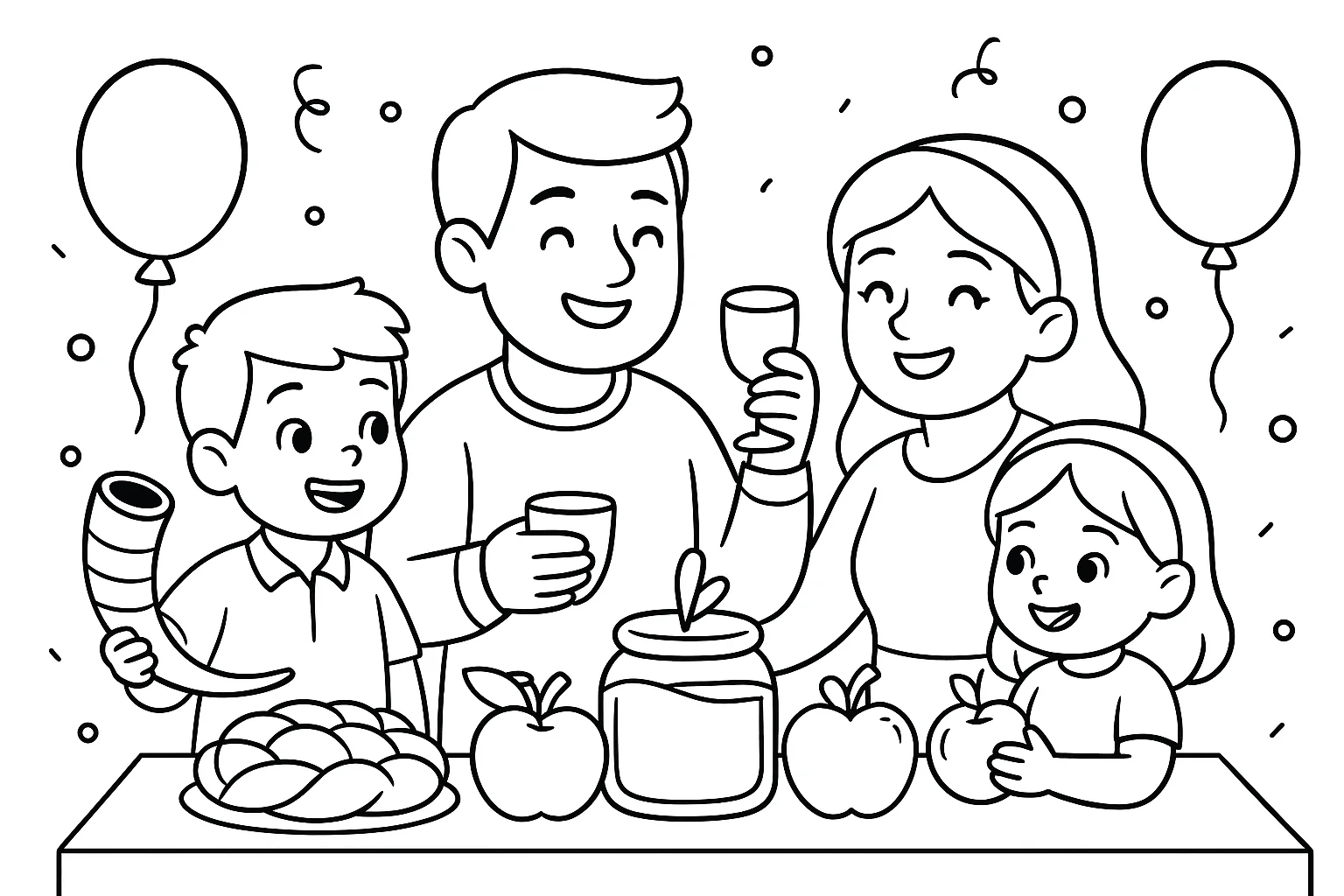 Family Celebrating Rosh Hashana, דף צביעה להדפסה לילדים